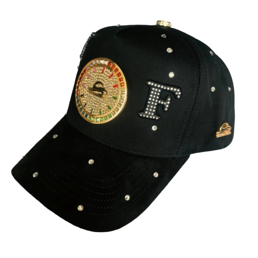 Golden Plated Metal badge caps inserted with Rhinestones and Rhinestone hotfixed