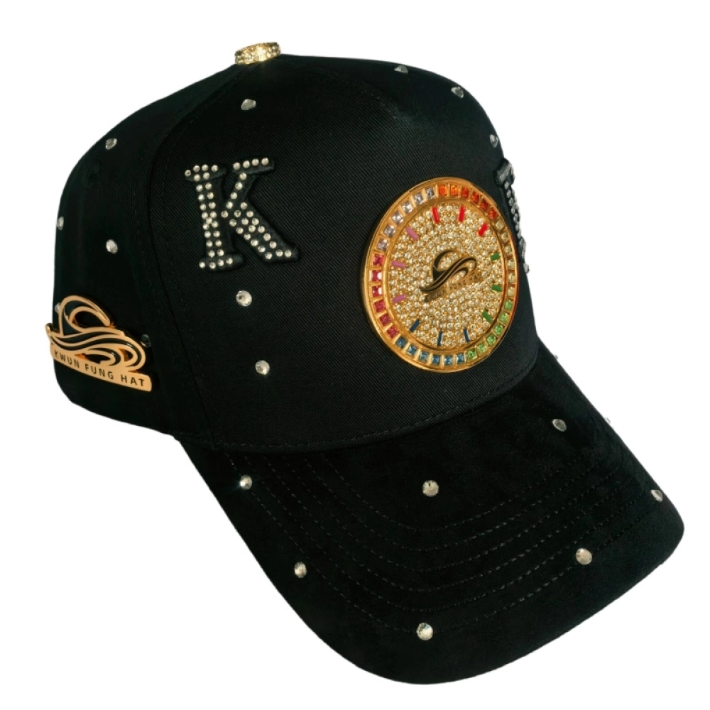 Golden Plated Metal badge caps inserted with Rhinestones and Rhinestone hotfixed